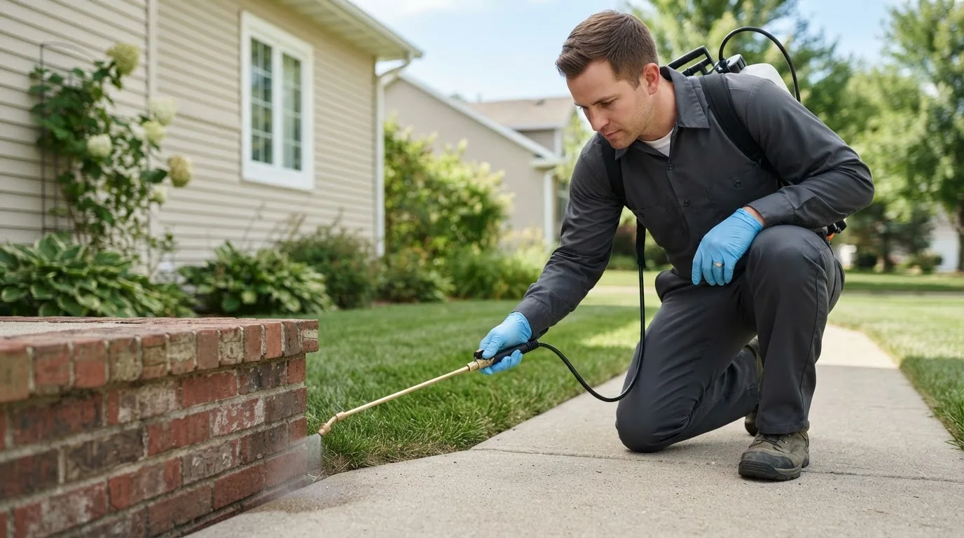 Pest control technician treating a home near Harrisonburg, VA